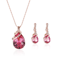 Rose Gold Jewelry Set Red Drop Rhinestone Pendant Necklace Unique Spiral Shape Earrings For Women