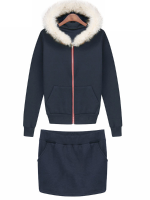 Royal Blue Rabbit Fur Collar Casual Active Fleece Thicken Hoodie Suit