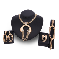 Semi Circular Chain Rhinestone Necklace Earrings Ring Bracelet Jewelry Set