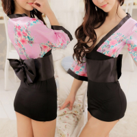 Sexy Charming Ladies Black Floral Printed Kimono Bow Tie Dark V Lingerie For Women