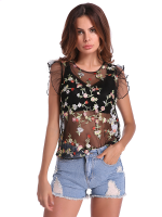 Sexy Floral Embroidered See Through Crew Neck T Shirts
