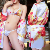 Sexy Floral Printed Smooth Kimono Triangle Bikini Seducing Intimate Lingerie Sets For Women