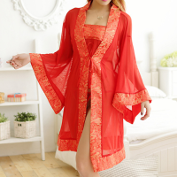 Sexy See Through Mesh Printed Strings Bellyband Kimono Bathrobe Suit Sets