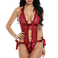 Sexy Temptation Lace Halter Deep V Backless Bowknot Hollow Out See Through Teddies