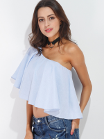 Sexy Women Big Swing Shoulder Lotus Leaf Pure Color Blouses
