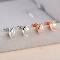 Silver Pearl Ear Stud Sweet Moon Crescent Earrings For Women
