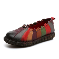 Socofy Leather Rainbow Weave Comfortable Vintage Flat Shoes