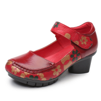 Socofy Printing Hook Loop Mid Heel Round Toe Retro Casual Shoes