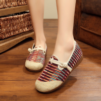 Stripe Chinese Embroidered Round Toe Buckle Flat Shoes