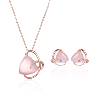 Sweet Pink Triangle Opal Jewelry Set Rose Gold Chain Necklace Earrings Best Gift For Women Gril