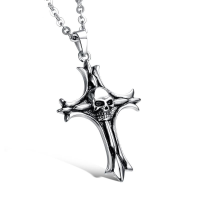 Trendy Men's Silver Skull Cross Punk Stainless Steel Charm Neck Lacee