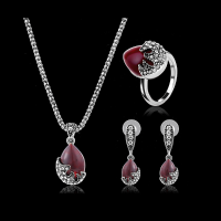Turkey Series Red Rubine Necklace Rhinestone Ring Earrings Birthday Gift Jewelry Set