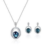 Unique Arc Lines Lake Blue Rhinestone Silver Elegant Jewelry Set Necklace Earrings For Women
