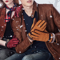 Unisex Couple Pigskin Leather Driving Gloves Cycling Coral Fleece Linen Bike Outdoor Mittens