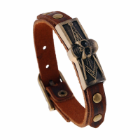 Vintage Brown Leather Skull Head Men Bracelet Adjustable Chain Jewelry
