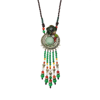 Vintage Ethnic Necklace Tassel Jade Flower Pendant Rope Necklace For Women