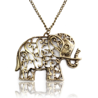 Vintage Hollow Out Carving Elephant Pendant Necklace Long Chain