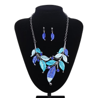 Vintage Metal Leaf Rhinestone Statement Necklace Earrings Jewelry Set