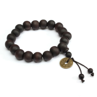 Vintage Unisex Black Buddhist Tibetan Prayer Wood Beads Coin Bracelet For Men