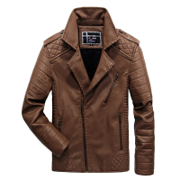 Winter Thickened Epaulets Diagonal Zipper Faux Leather Jacket For Men