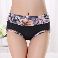 Woman Cozy Milk Silk Mid Waist Panties Floral Printing Breathable Hips Up Underwear