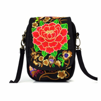 Woman National Floral Canvas 5.5 Inches Phone Bag Casual Crossbody Shoulder Bag