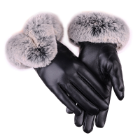 Women Cold Winter Warm Thick Rabbit Fur Leather Ski Gloves