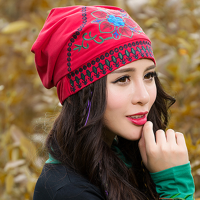Women Ethnic Embroidery Cotton Adjustable Beanie Hat