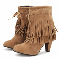 Women Fashion Winter Boots Tassels Round Toe Fine Heels Ankle Short Boots