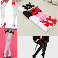 Women Gril Satin Bowknot Stocking Sexy Lovely Over Knee Thigh High Velvet Socks Hosiery