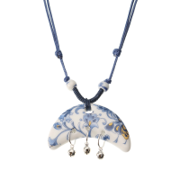 Women Jewelry Ethnic Bell Pendant Chinese Style Ceramics Flower Adjustable Necklace Sweater Chain