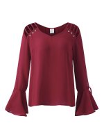 Women Long Lotus Leaf Sleeve Tops Bandage Hollow Chiffon Blouses