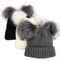 Women Outdoor Knitted Double Fur Pom Pom Beanie Cap Warm Cute Beanie Ski Bonnet Hats