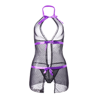 Women Sexy Cardigan Bow Knot Women Lingerie Backless Perspective Dot Printed Babydoll