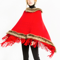 Women Tassel Solid Fur Poncho With Hood Warm Scarves
