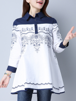 Women Vintage Embroidered Patchwork Top Nine Point Sleeve Turn Down Blouses