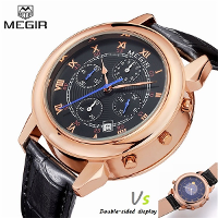 Megir 2013 Men Double Sided Display Chronograph Calendar Leather Quartz Watch