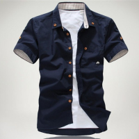 Men's Fashion Cotton Pure Color Short Sleeve Shirt Sapphire