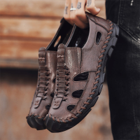 Menico heren geweven stijl hand stiksels gesloten teen slip op lederen sandalen