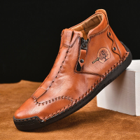 Menico Heren Lederen Ademende Handstiksels Soft Zool Comfortabele Korte Rits Casual Enkellaarsjes
