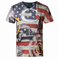 Mens Cotton Blend American Flag Printed V Neck Short Sleeved Tshirts