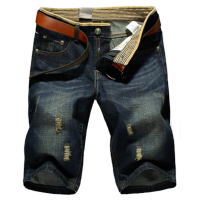 Mens Denim Straight Worn Out Wash Blue Short Jeans