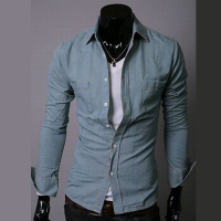 Mens Fashion Casual Slim Fit Jean Long Sleeve Shirt Light Blue