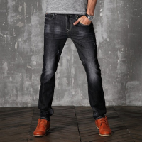 Mens Fashion Casual Worn Out Washed Waterstreak Straight Leg Black Jeans Denim Pants