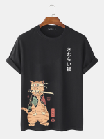 Heren Carp Warrior Cat Print Japanse stijl T shirts met korte mouwen