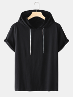 Heren effen kleur basics korte mouwen T shirts met trekkoord en capuchon