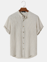 Heren katoenen linnen krijtstreep opstaande kraag dagelijkse shirts met korte mouwen