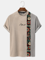 Heren T shirts met geometrische print en patchwork mock hals en korte mouwen