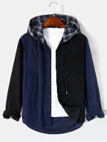 Mannen Patchwork Knoop Omhoog Corduroy Preppy Geruite Hooded Shirts