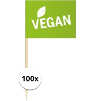 100X Cocktailprikkers Vegan   8 cm mini vlaggetjes   Houten spiesjes met papieren vlaggetje